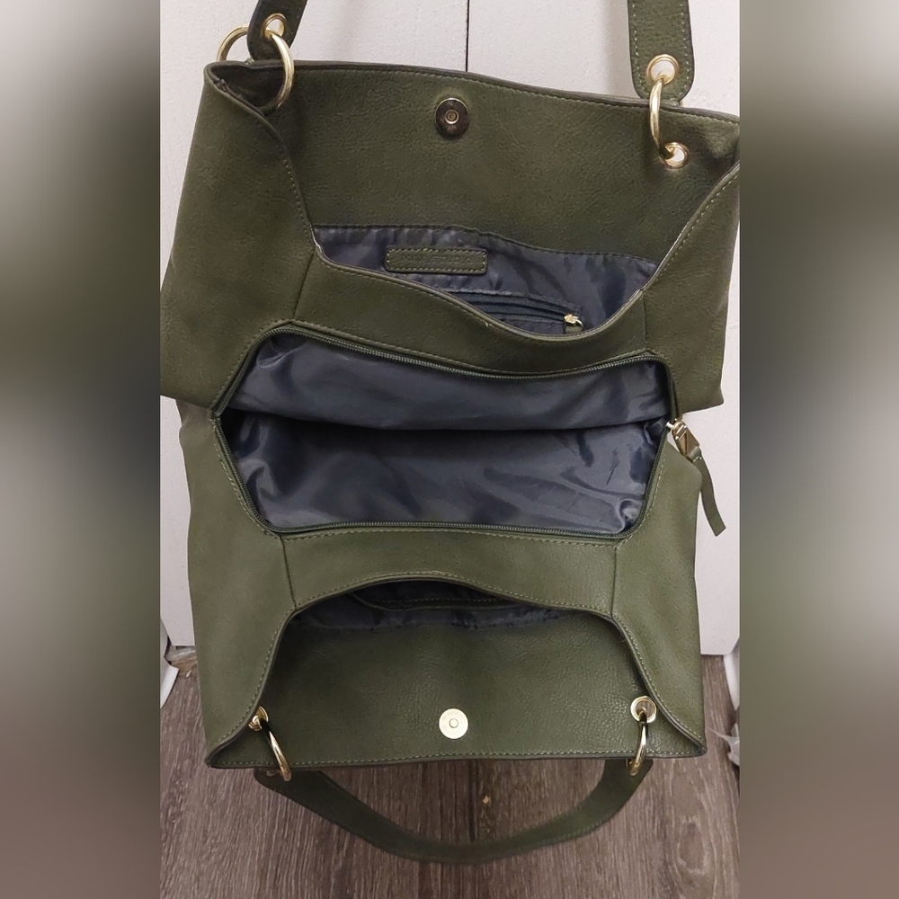 Max Studio Army Green Tote Satchel Gold Hardware and Studs Lots of Deep Pockets - Picture 2 of 12